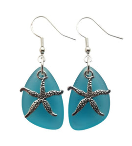 Handmade in Hawaii, updated version, "Twin Starfish" Turquoise Bay Blue sea glass earrings, "December Birthstone", (Hawaii Gift Wrapped, Mother's Day Gift)