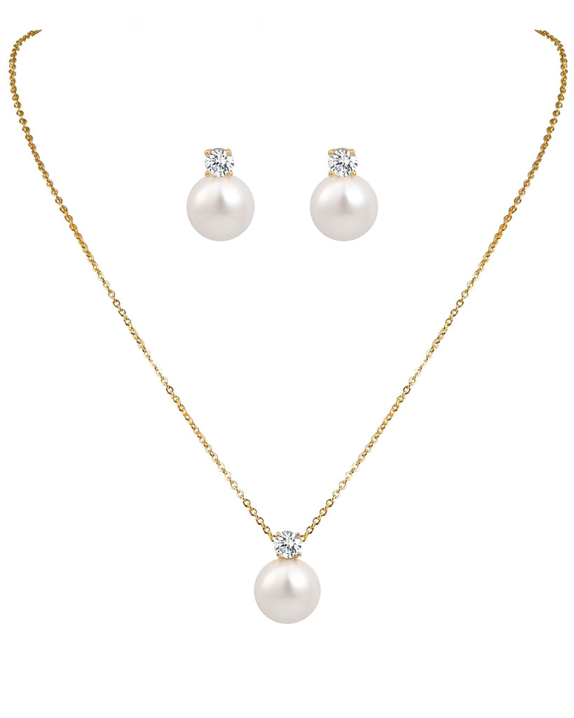Watforsh 14K Gold Plated Pearl Necklace and Earring Set for Women Jewelry Set with Pearl Pendant Necklace and Studs Earrings for Wedding and Bridesmaid
