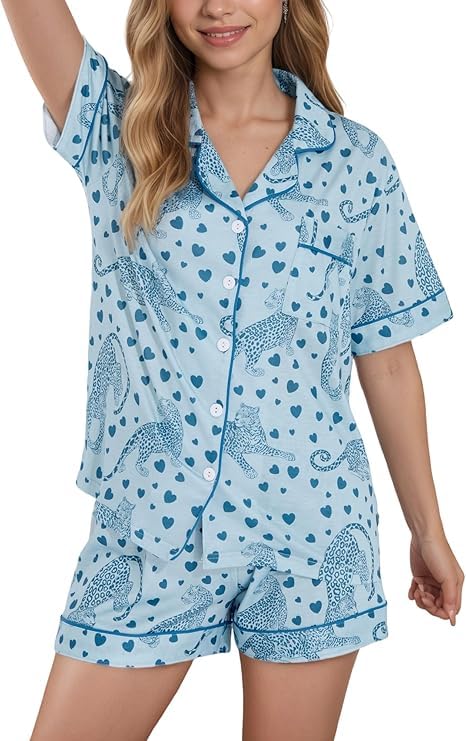HMPEAIIY Women Y2k Pajamas Set Cute Preppy 2PCS Button Down Holiday Monkey Shorts Summer Outfit Beach Vacation Loungewear Pjs Sleepover Party Birthday Gift(Green Monkey & Pink Heart, X-Small)