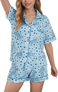 HMPEAIIY Women Y2k Pajamas Set Cute Preppy 2PCS Button Down Holiday Monkey Shorts Summer Outfit Beach Vacation Loungewear Pjs Sleepover Party Birthday Gift(Green Monkey & Pink Heart, X-Small)