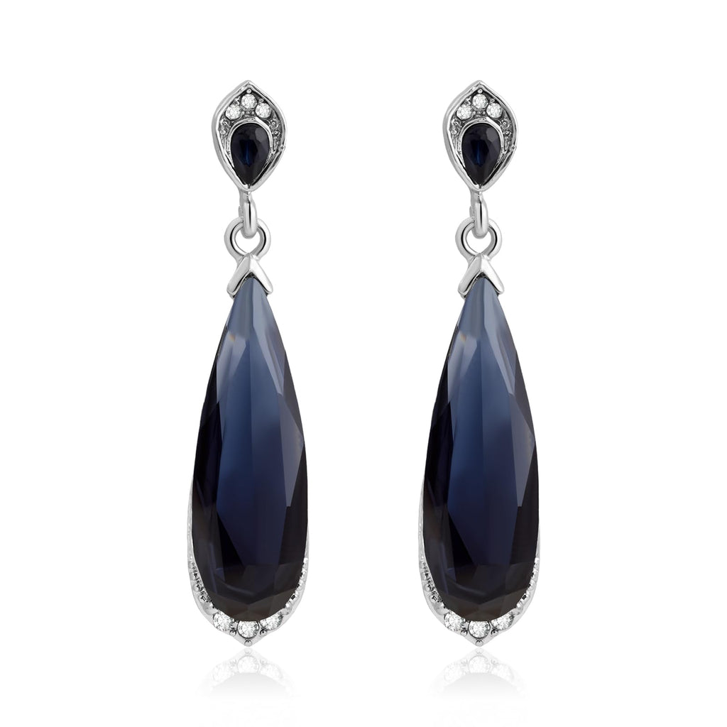 Watforsh Dark Blue Sapphire Navy Blue Silver Teardrop Dangle Earrings Studs Crystal Stone Cubic Zirconia Formal Earrings