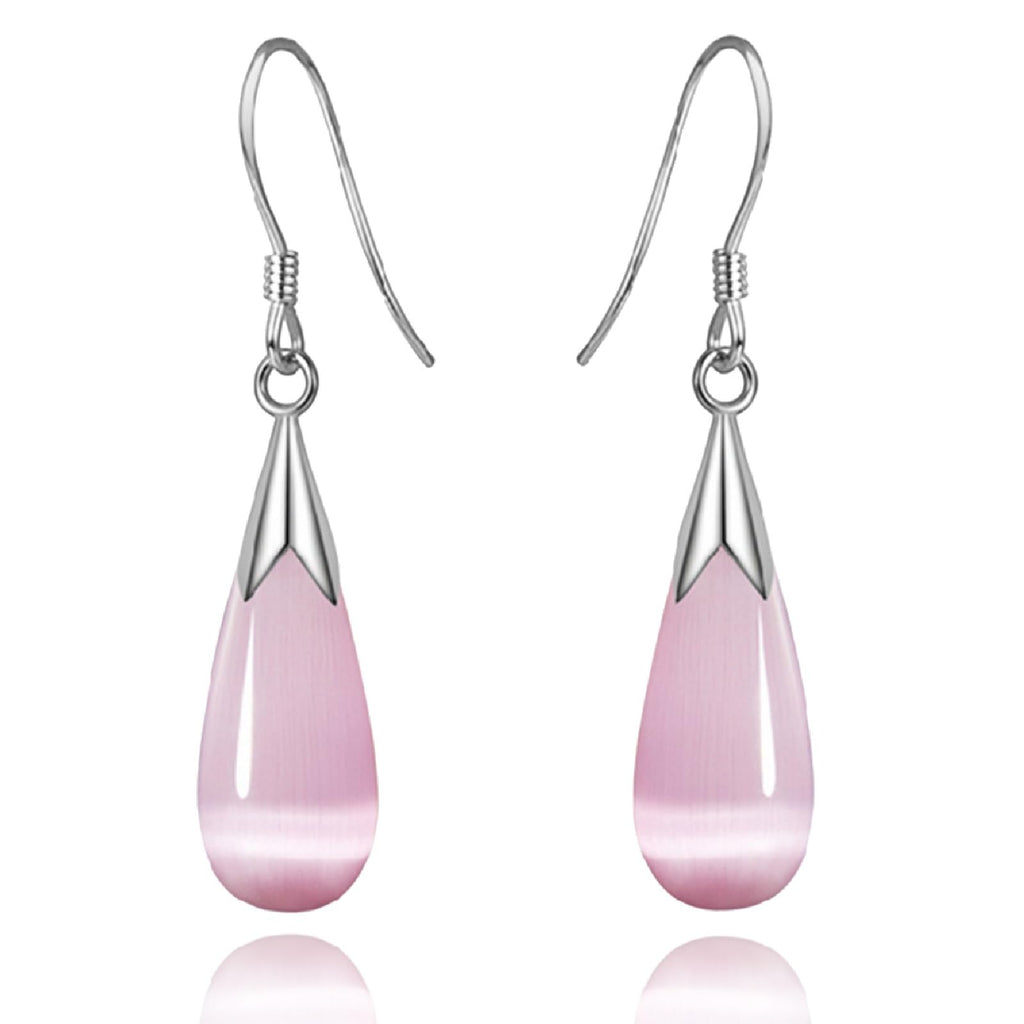 Natural Pink Opal Earrings, Teardrop Earrings for Women Cat's Eye Stone Silver Earrings Drop Dangle Earrings for Women Teen Girls(Cat's eye-Purple)