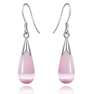 Natural Pink Opal Earrings, Teardrop Earrings for Women Cat's Eye Stone Silver Earrings Drop Dangle Earrings for Women Teen Girls(Cat's eye-Purple)