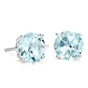 925 Sterling Silver Stud Earrings for Women & Girls (6MM Round Aquamarine)