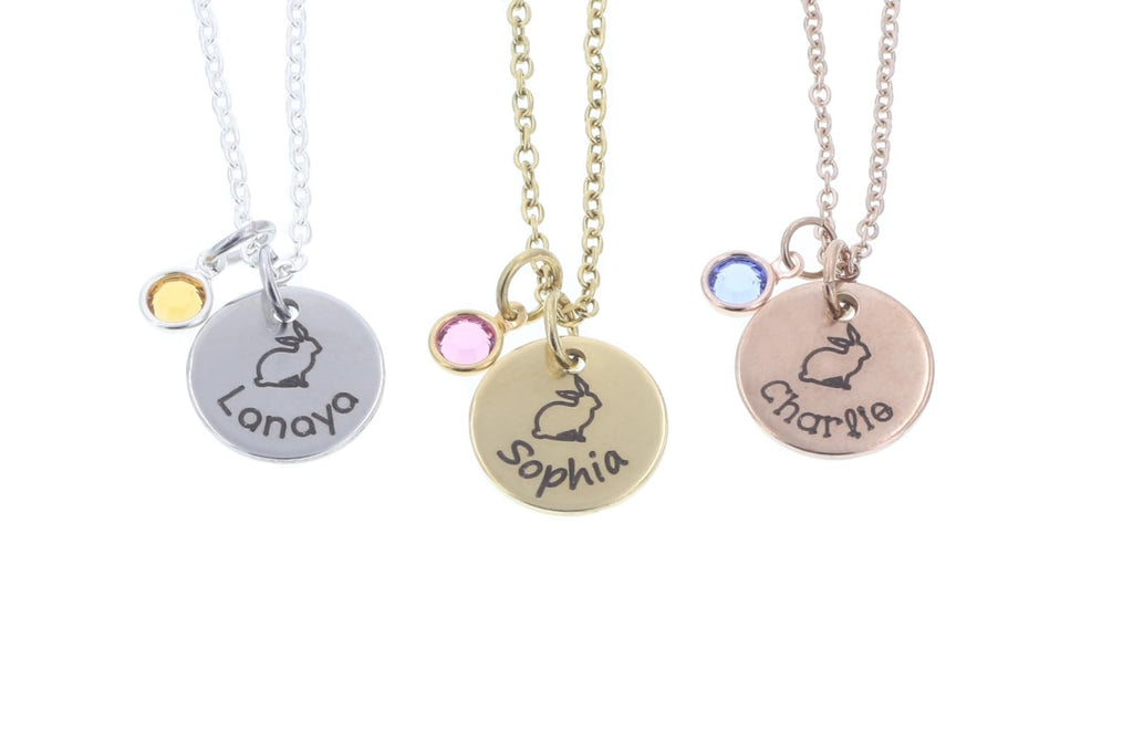 DistinctlyIvy Bunny Necklace - Personalized Name, Crystal Color - Laser Engraved 12mm Disc - Pet Rabbit Easter Basket Gift Jewelry - DGR