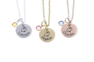 DistinctlyIvy Bunny Necklace - Personalized Name, Crystal Color - Laser Engraved 12mm Disc - Pet Rabbit Easter Basket Gift Jewelry - DGR