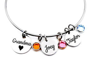 Hand and Heart Jewelry Grandma, Adjustable Bangle bracelet with name charms-Mothers Day-Grandkids