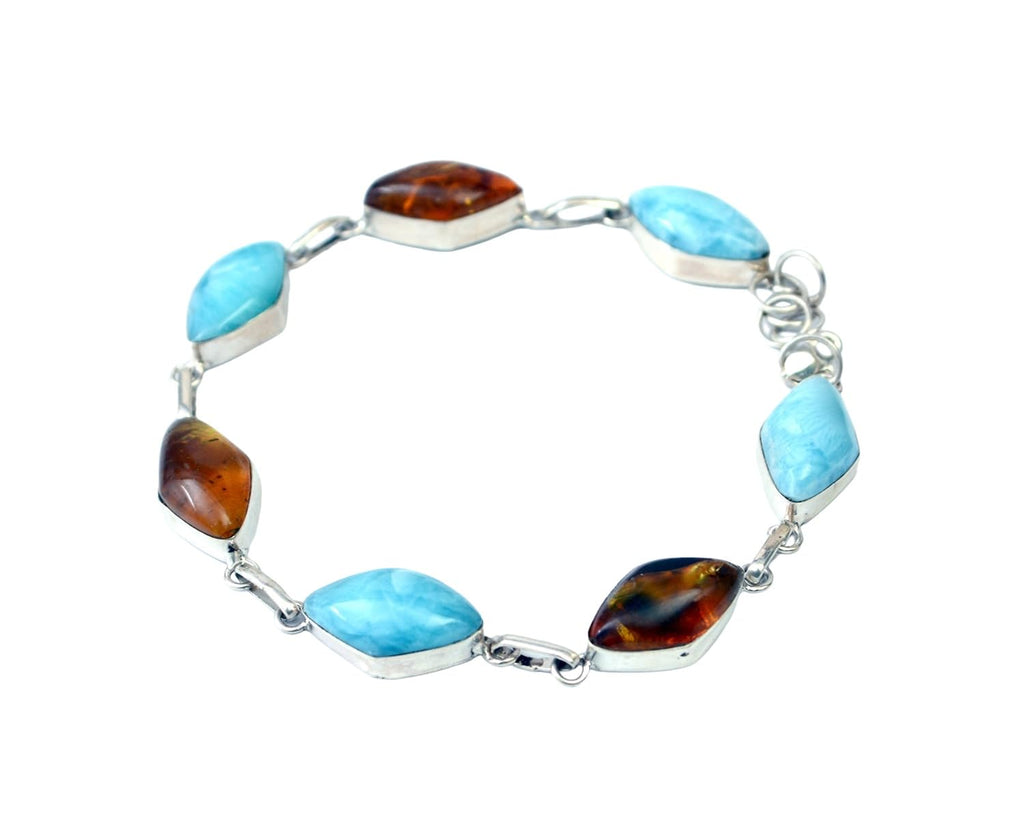 Exclusive 925 Sterling Silver Bracelet with Natural Larimar and Amber, 8 Inches of Handcrafted Elegance
