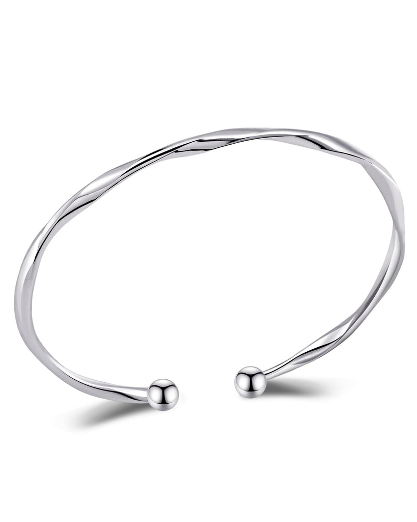 Desnuage Sterling Silver Twist Bracelet for Women - Elegant Wave Textured Adjustable Arm Cuff Bangle, Polished Silver Jewelry