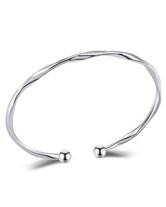 Desnuage Sterling Silver Twist Bracelet for Women - Elegant Wave Textured Adjustable Arm Cuff Bangle, Polished Silver Jewelry