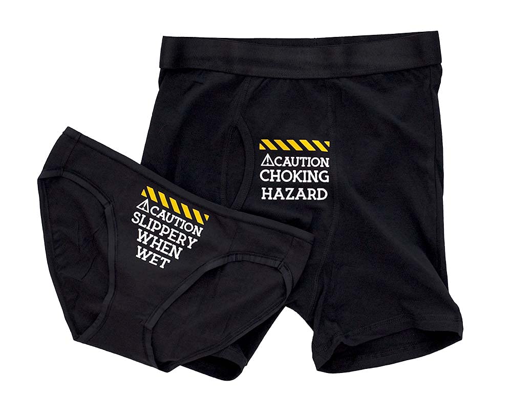 Funny Couples Underwear Gift Set, Caution Choking Hazard Boxer Briefs and Slippery When Wet Bikini