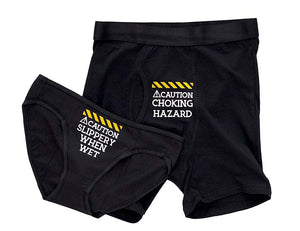 Funny Couples Underwear Gift Set, Caution Choking Hazard Boxer Briefs and Slippery When Wet Bikini