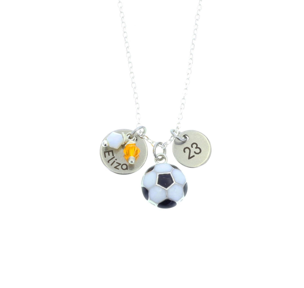 DistinctlyIvy Soccer Necklace - Personalized Name, Number, Team Colors - Laser Engraved Stainless Steel Discs - Custom Coach Player Mom Gift - DGR-1012mm