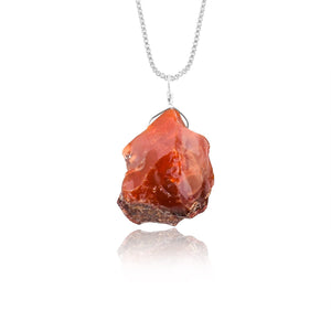 Natural Raw Mexican Fire Opal Stone Rough Crystal Gemstone Dainty Women Pendant Necklace, Chakra Healing Crystals, Birthstone, Silver Plated Chain 18 inch