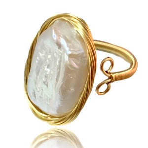 Andaxe Handcrafted Baroque Pearl Ring Winding Design Opening Adjustable 14k Gold Plated Material,White