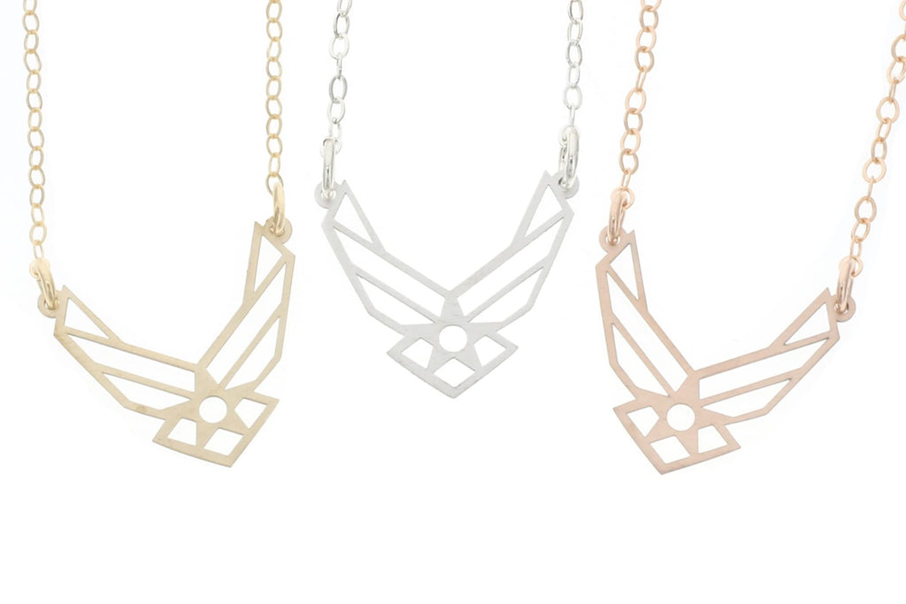 Air Force Necklace - IBD - Military Wife Charm - Airplane Wings - Tiny Sterling Silver 14K Rose Gold Filled Charm