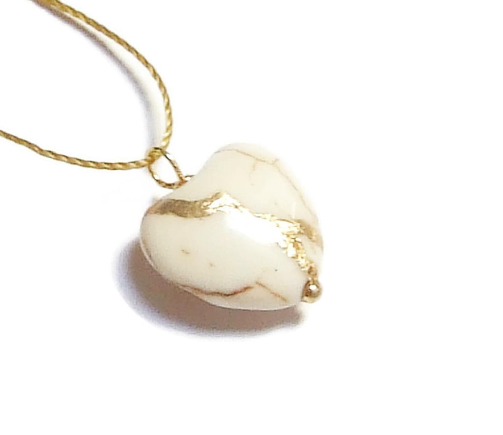 Wabi Sabi Chic Kintsugi Very Petite White Howlite 1/2" Broken Heart Mended with 23k Gold, Cord Necklace