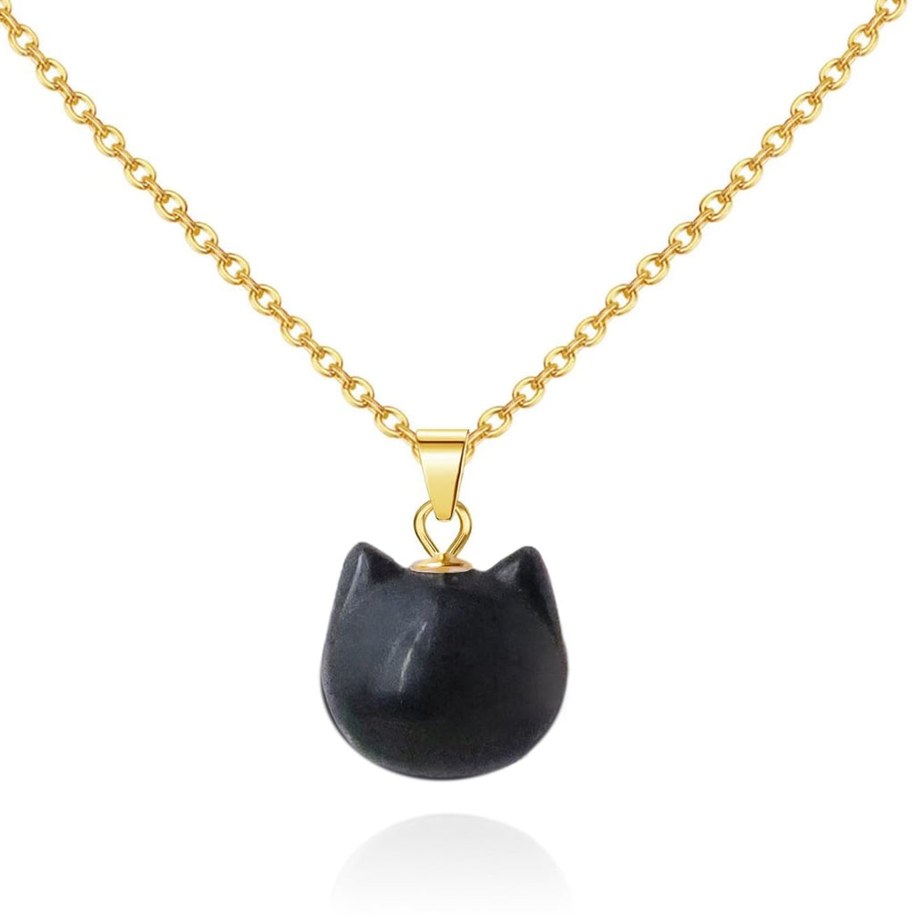 Nearawing Black Tourmaline Cat Pendant Necklace with Adjustable 925 Sterling Silver Gold-Plated Chain Lucky Jewelry Gift for Women and Girls(black tourmaline)