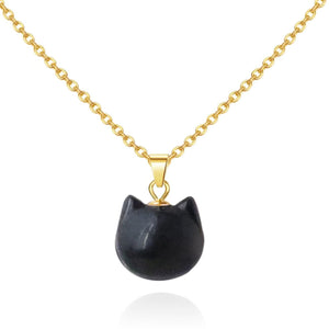 Nearawing Black Tourmaline Cat Pendant Necklace with Adjustable 925 Sterling Silver Gold-Plated Chain Lucky Jewelry Gift for Women and Girls(black tourmaline)
