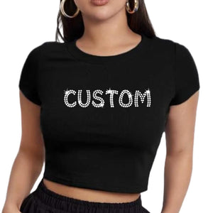 Custom Rhinestone Bling Crop Top – Personalized Sparkle Baby Tee with Your Words – Bedazzled Short Sleeve T-Shirt for Women, Bachelorette, Birthday, Gift for Her