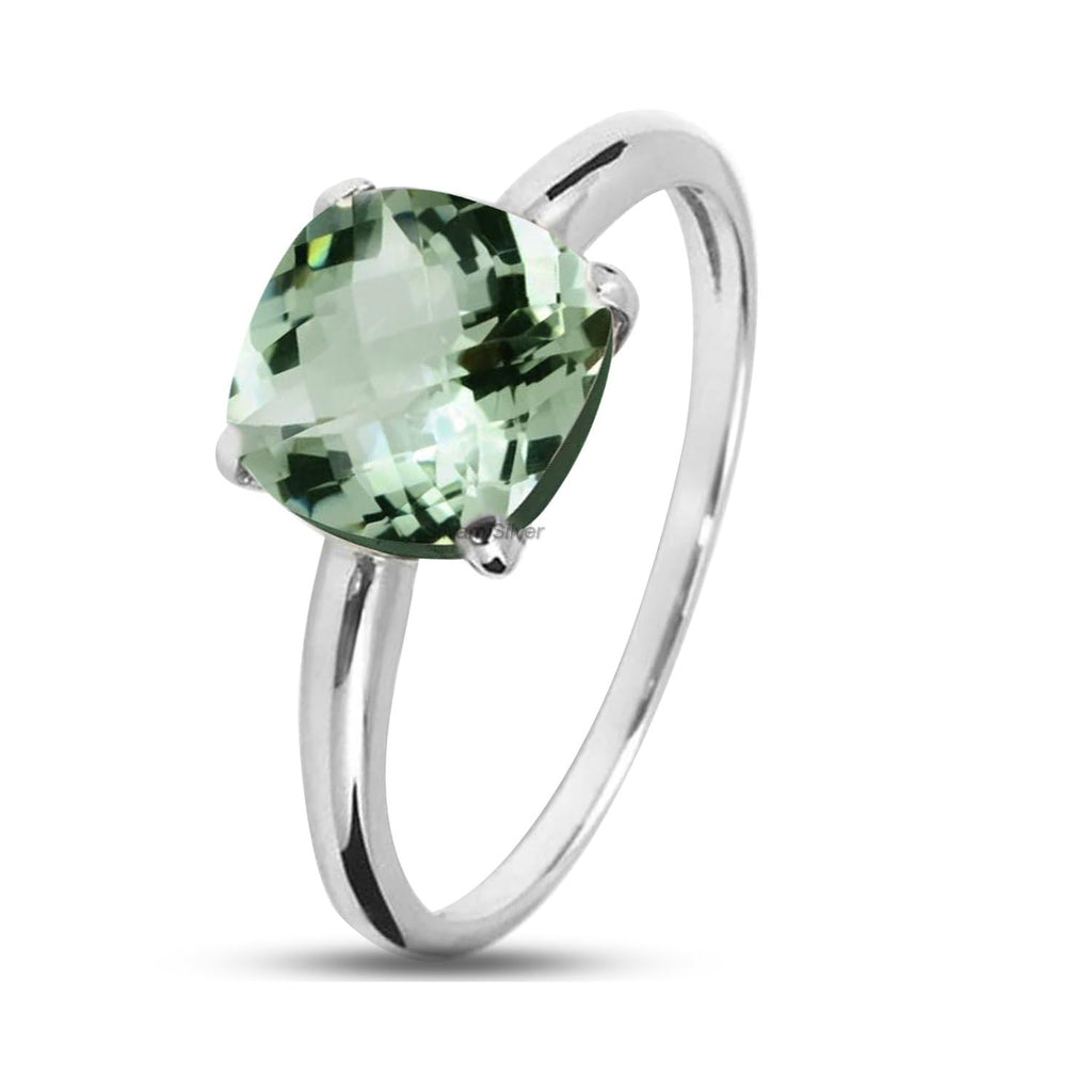 Green Amethyst 925 Sterling Silver Rings for Women - Cushion Gemstone Ring - Anniversary, Engagement, Wedding Ring - Eye Catching Christmas Gift (US Ring size 9.5)