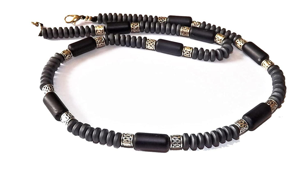 Liliya Jewelry Men’s Black Onyx Choker Necklace - 20 Inch Short Beaded Surfer Collar - Hematite & Tibetan Silver Spacers - Tribal Boho Minimalist Jewelry for Him