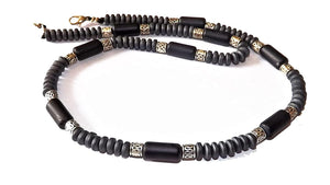 Liliya Jewelry Men’s Black Onyx Choker Necklace - 20 Inch Short Beaded Surfer Collar - Hematite & Tibetan Silver Spacers - Tribal Boho Minimalist Jewelry for Him