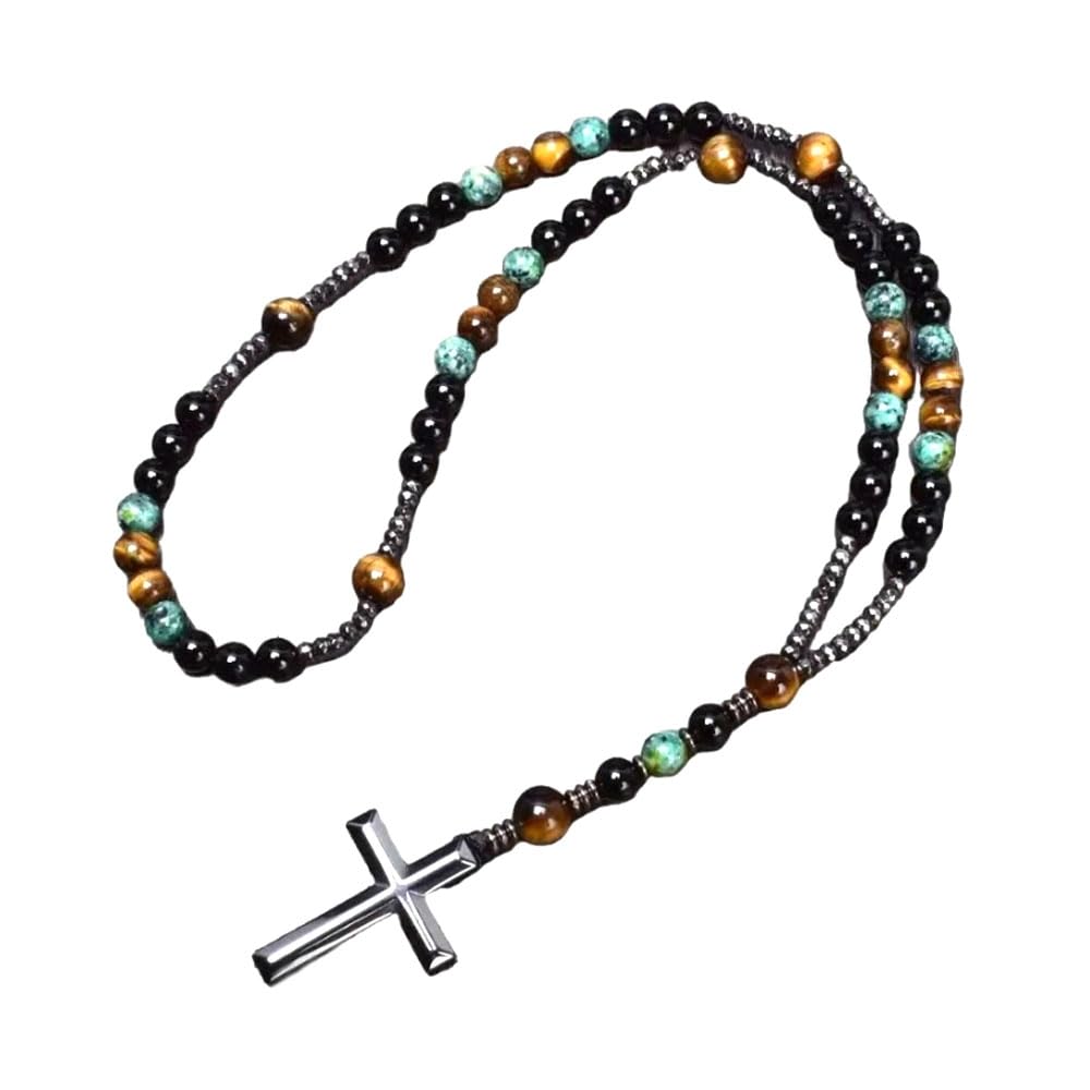 Sofiacreations HandmadeTiger Eye African Turquoise Beaded Long Necklace, Hematite Cross Catholic Christ Pendant Necklace, Rosary Beads Praying Women Men Necklace, Gift for Christmas Birthday