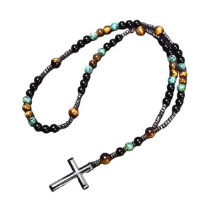 Sofiacreations HandmadeTiger Eye African Turquoise Beaded Long Necklace, Hematite Cross Catholic Christ Pendant Necklace, Rosary Beads Praying Women Men Necklace, Gift for Christmas Birthday