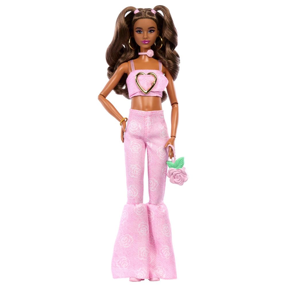 Barbie Deluxe Style Doll #12 in Pink Denim Crop Top with Matching Rose Print Flare Jeans, Wavy Brown Hair, Accessories Like Rose Handbag and Jewelry