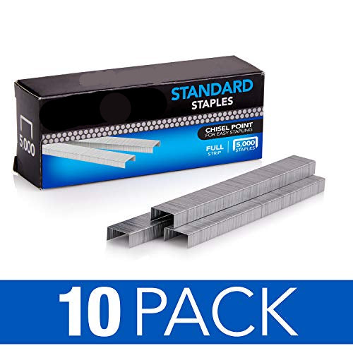 Box of Swingline standard staples with a stack of staples in front on a white background