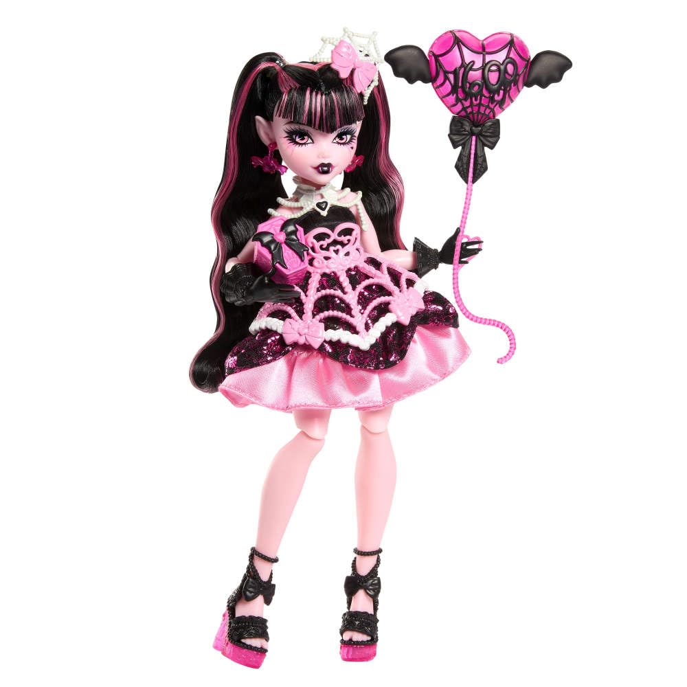 Monster High Scary Sweet Birthday Doll, Draculaura in Pink Party Dress with Themed Accessories Like Invite, Balloon, Gift, Fan and More