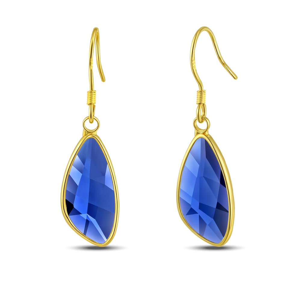 Blue Sapphire Drop Dangle Earrings for Women - Small 14K Gold Plated Irregular Teardrop Crystal Earrings with Hypoallergenic Birthstone, Elegant Statement Blue Topaz Jewelry Gifts