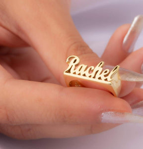 Xianofu Name Rings Personalized for Women, 18k Gold Plated Handmade Initial Chunky Rings Custom Engagement Promise Rings Mothers Day Jewelry Gifts for Mom