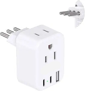 White travel adapter with multiple sockets and USB ports on a white background
