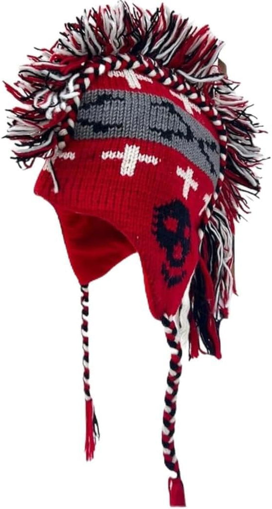 Mohawk Hat with Lining Winter Hat with Earflap Bone Skull Mohawk Style One Size Adult Unisex Hat Beanie (Red)