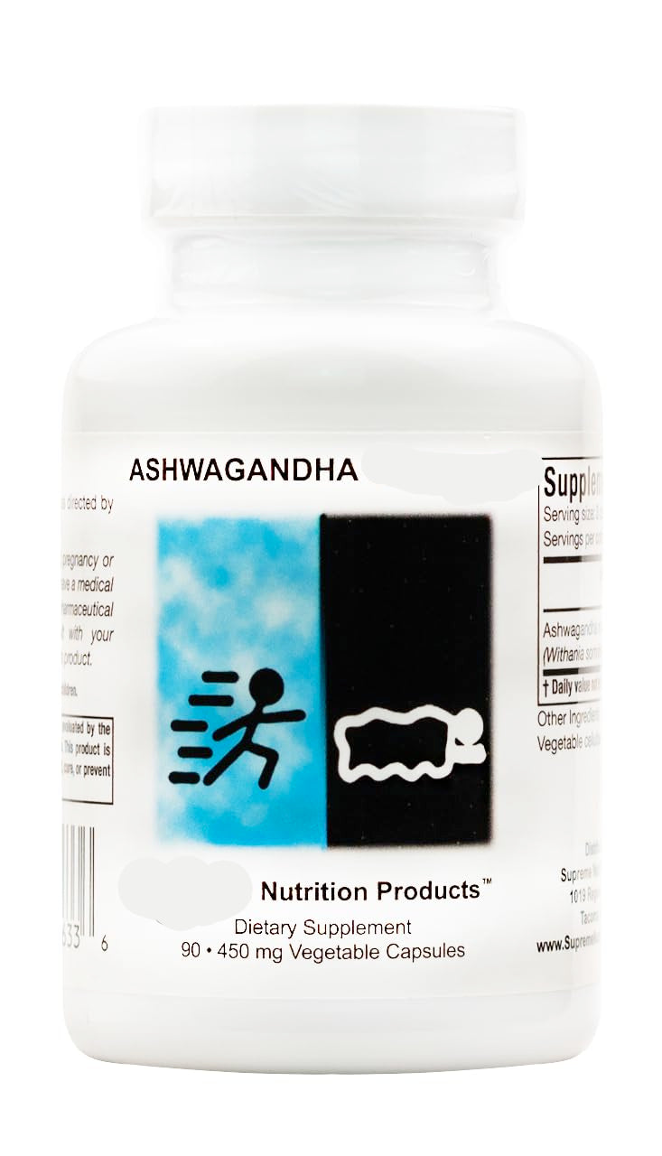 Supplement bottle labeled 'Ashwagandha Supreme' by Supreme Nutrition Products on a white background