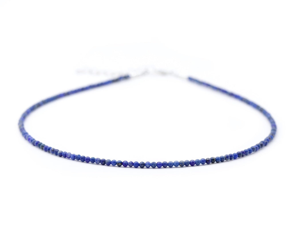 Tiny 2mm Lapis Lazuli Beaded Choker, Natural Blue Gemstone Necklace, Adjustable from 15 inches to 17 inches