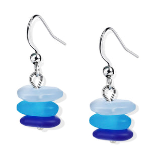 Teppdfann Sea Glass Drop Dangle Earrings for Women – Handcrafted Beach Earrings with Gradient Blue Beads, Silver Sea Glass Jewelry for Summer Vacation