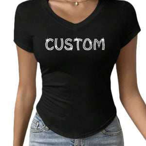 Personalized Rhinestone Bling T-Shirt – Custom Sparkle V-Neck Tee with Your Words – Gem Bedazzled Short Sleeve Top for Women, Bachelorette Gift, Gift for Her, Birthday Gift, Bridal Gift