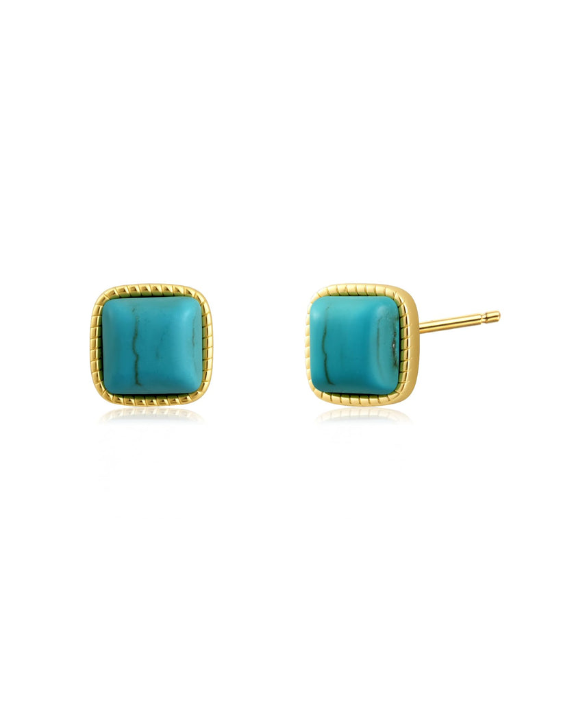 Watforsh 14K Gold Plated Turquoise Stone Square Stud Western Bohemian Earrings Vintage Blue Teal Jewelry for Women