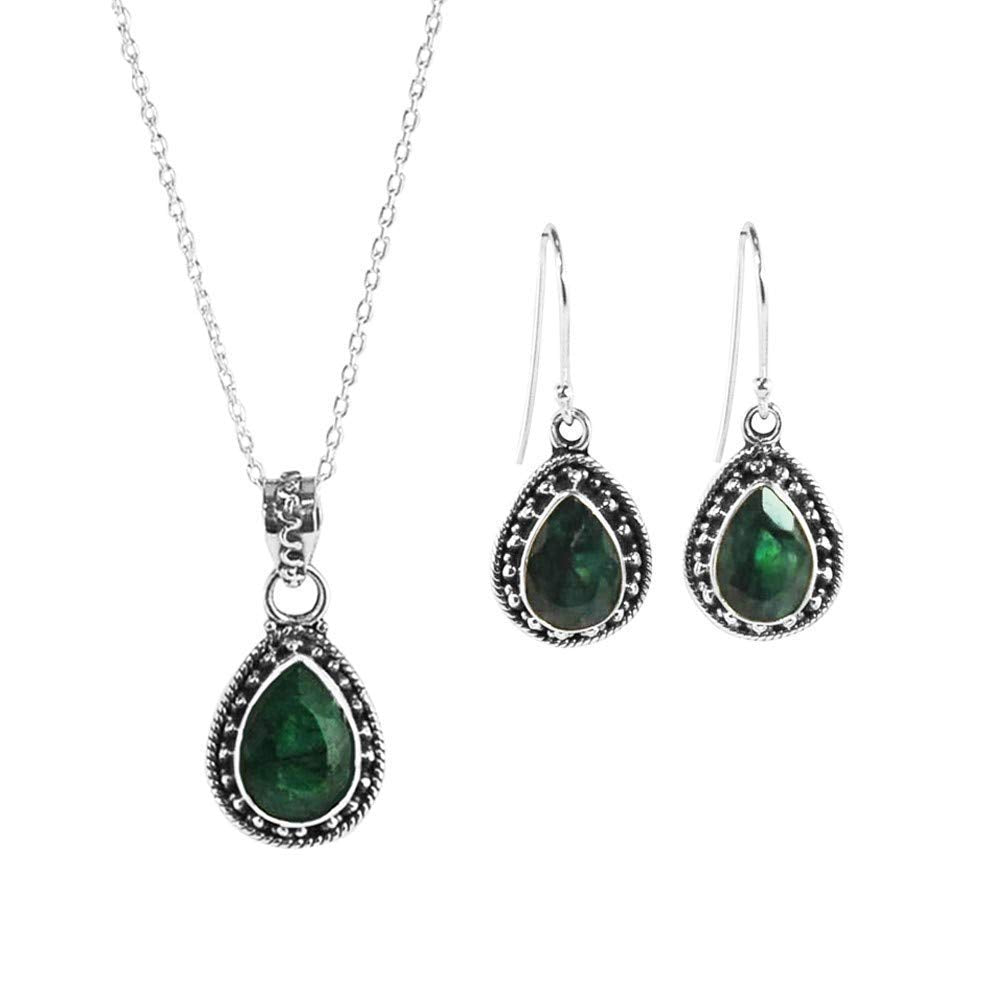 Sivalya AMALFI Raw Emerald Necklace Earrings Set Sterling Silver - Amalfi Jewelry Set for Women in Solid 925 Silver - Natural Pear Green Stones - Emerald Gemstone Jewelry- Gift Packaging Included