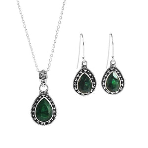 Sivalya AMALFI Raw Emerald Necklace Earrings Set Sterling Silver - Amalfi Jewelry Set for Women in Solid 925 Silver - Natural Pear Green Stones - Emerald Gemstone Jewelry- Gift Packaging Included