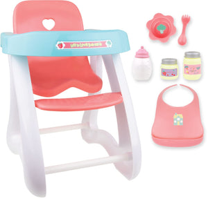 JC Toys - Doll High Chair | Fits Dolls up to 17" | Easy to Clean | Simple Assembly | 7 Piece Play Set| Ages 2+, Pink/Blue
