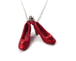 Little Gem Girl Dorothy's Sparkly Ruby Red Slippers Charm Necklace The Wonderful Oz Handmade Artisan Jewelry, Sparkle Shoes Gifts for Women and Fans