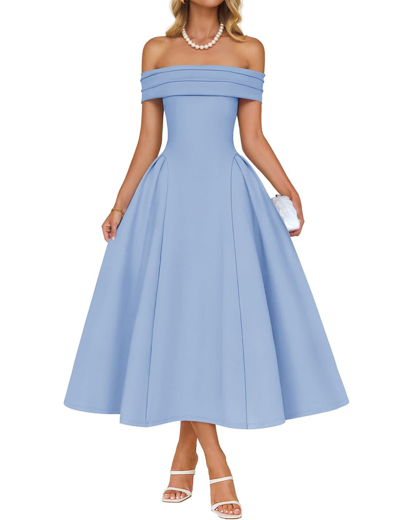 ZESICA Cocktail Dresses for Women's Elegant Off Shoulder Short Sleeve Swing A Line Wedding Evening Party Midi Dress,Blue,X-Large
