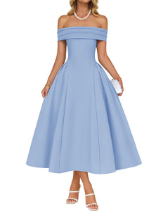ZESICA Cocktail Dresses for Women's Elegant Off Shoulder Short Sleeve Swing A Line Wedding Evening Party Midi Dress,Blue,X-Large