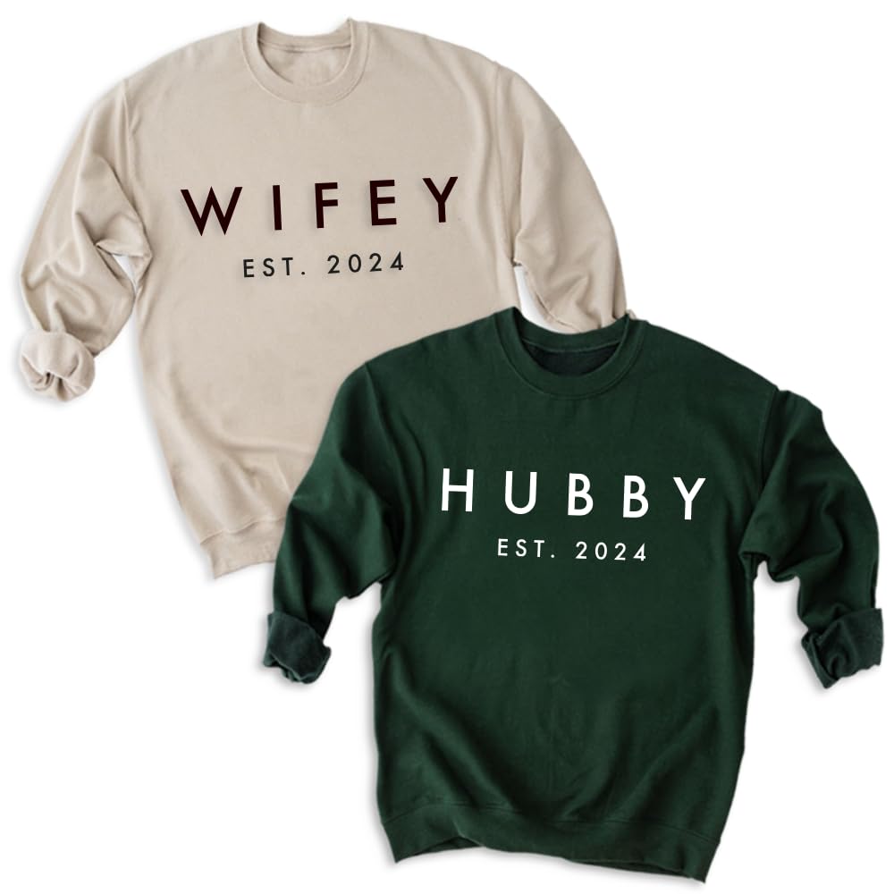 Wifey and Hubby Matching Sweatshirts – Just Married Couple Honeymoon Pullover, Wedding Party Gift Green