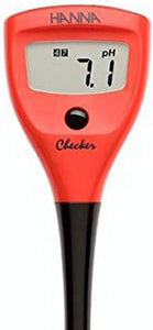 Red pH meter with digital display on a white background