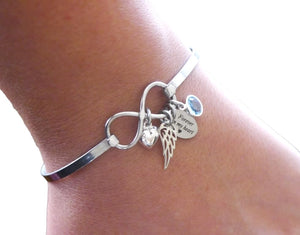 Memorial Bracelet - Remembrance Gifts - Sympathy Jewelry - Angel Wing Heart Charm - Forever in my heart - Birthstones - Infinity Bangle - for Eternity - Personalized - Custom - Engraved